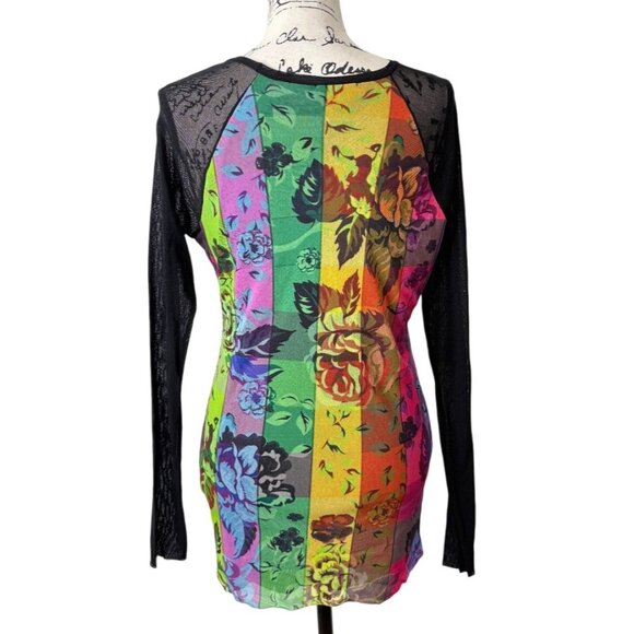 Petit Pois Rainbow Flower Raglan Top Long Sleeve Sheer Mesh Stretch Tunic Size L - Picture 3 of 8